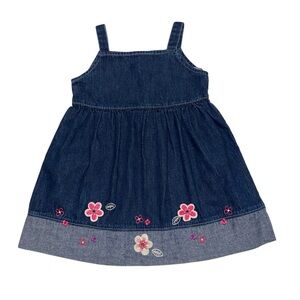Vintage OshKosh B'gosh Denim Jumper Girls Size 3T Dress Embroidered Flowers